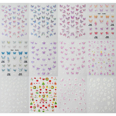 Adorable Pink Christmas Nail Art Stickers with Shiny Shells, Cute Snowflakes, Stars, and Wreaths - 5D Embossed Nail Decorations for Festive Nail Designs