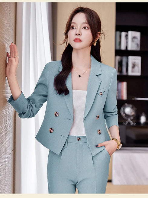 Chic Women's Office Suit Set: Long Sleeve Double Breasted Short Tops with Slim High Waisted Pencil Pants for Spring Fashion