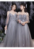 Off Shoulder Lace Illusion A Line Dress Floor Length Glitter Tulle Bow Bridesmaid Dress