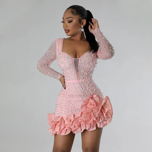 Long Sleeve V Neck Transparent Club Dress with Diamonds