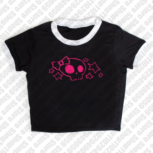 2000s Y2k Harajuku Crop Tops Gothic Letter Print Slim Stitch Graphic Tees Summer Streetwear