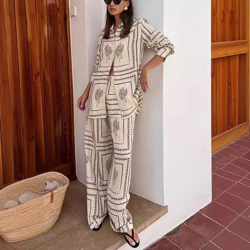 Chic Women's Summer Streetwear Set: Stylish Lapel Long Sleeve Shirt with Wide Leg Trousers for Effortless Fashion Inspo