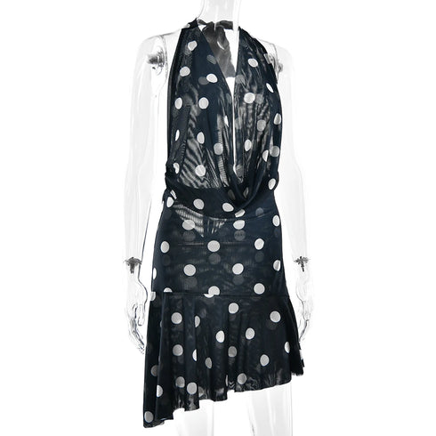Sexy Deep V Neck Printed Polka Dot Halter Mini Dress for Women Elegant Summer Party Outfits