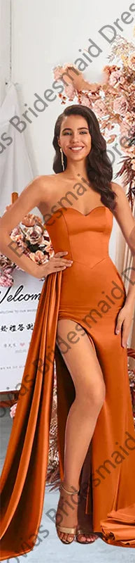 Bridesmaid Dress Elegant Long Split Satin Trumpet Sheath With Corset Back And Ruched Details Wedding Dress