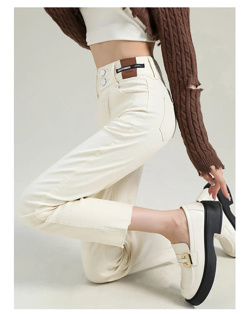 Slim Straight Elastic Denim Pipe Pants for Women - Versatile All-Season Trousers with Pockets and Tie Dye Details for Trendy Fall Outfits