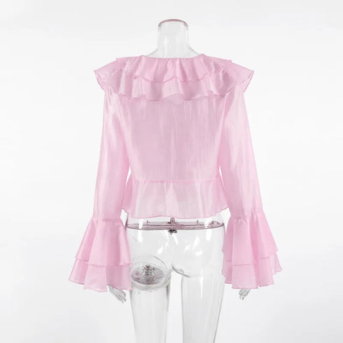 Summer Ruffle V Neck Long Sleeve Tops Casual Party Tees for Women