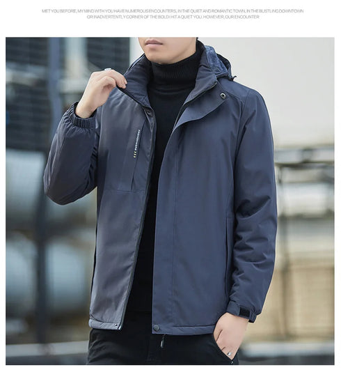 Plush Waterproof Autumn Winter Jacket for Men - Casual Windproof Coat with Detachable Hood and Rib Sleeves, Perfect for Daily Wear and Spring Cotton Comfort