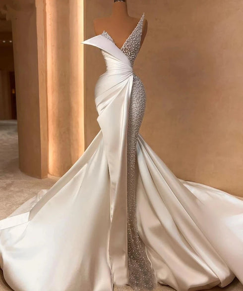 White Elegant Strapless Mermaid Wedding Dresses Pearl Sequins Bridal Gowns Custom Made Dresses