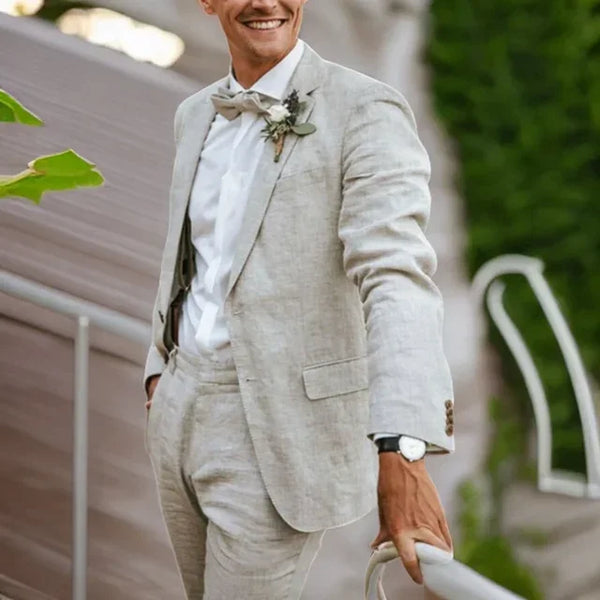 Linen Men's Suit Set for Summer Wedding Groom Wear and Groomsmen Tuxedos
