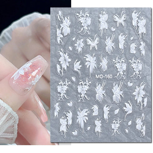 5D Embossed Nail Art Stickers - Semi-Transparent White Bowknots Adhesive Sliders for Creative Manicure Decorations and Nail Art Accessories