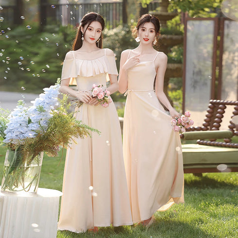 Bridesmaid Dress Satin Off-Shoulder Ruffle A-Line Floor-Length Lace-Up Gown Wedding Dress