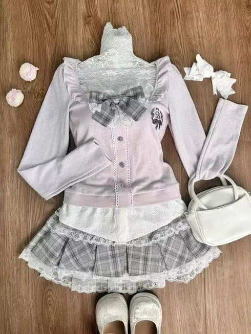Fashion Vintage Y2K 3 Piece Set Summer Striped Shirt Slim Vest Lace Mini Skirt Women's Chic Outfit