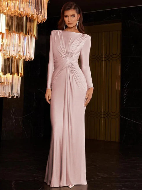 Luxury Women's Formal Occasion Dress Elegant O-neck Long Sleeve Bodycon Evening Party Robe
