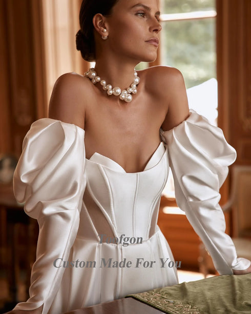 Toofgon Satin Wedding Dresses Detachable Long Sleeves Gowns