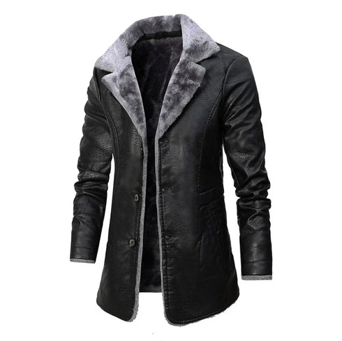 Men's Winter Fashion Long Thick Fleece PU Leather Windbreaker Jacket with Suit Collar, Casual Full-Length Coats for Stylish Men