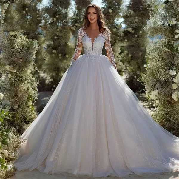 Modern Glitter Tulle Wedding Dresses Long Sleeves V Neck Bridal Gowns for Bride