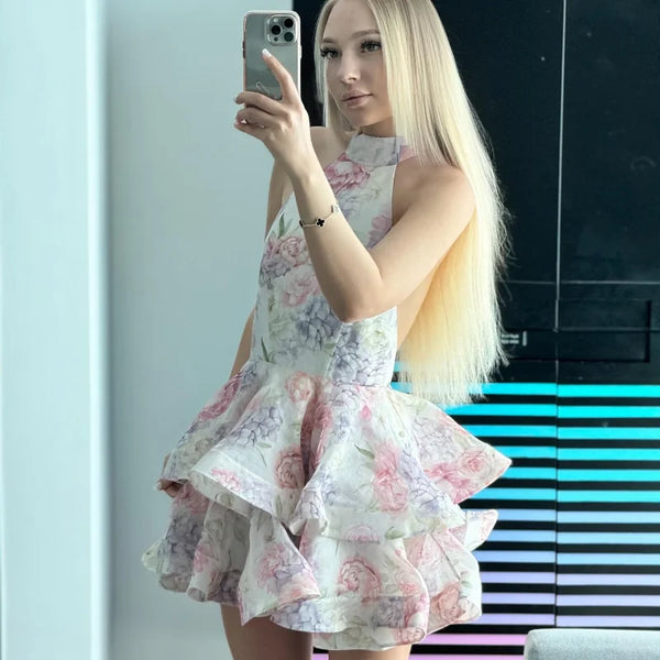 Women Floral Printed Backless Mini Dress A Line Party Club Clothing