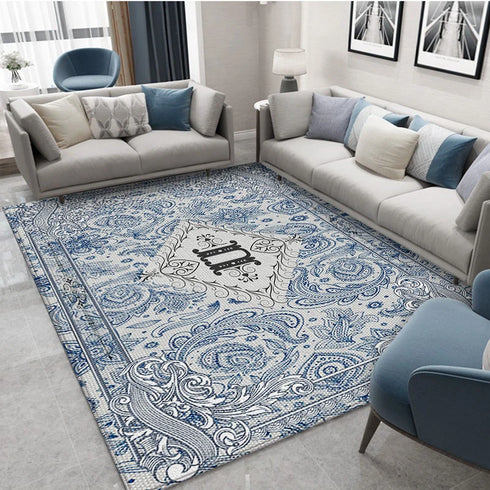 Classical Elegant Blue Rug for Retro Living Room and Bedroom Carpet Decoration