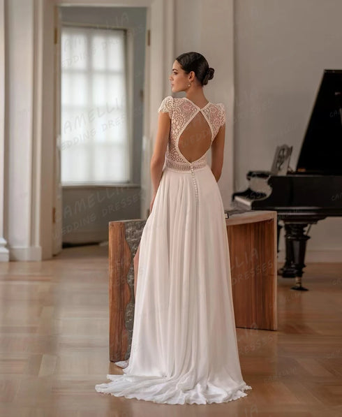 Luxury Wedding Dresses A Line Appliques V Neck Gowns Elegant Chiffon