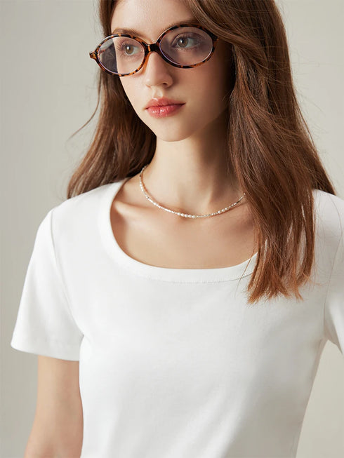 FSLE【4 Colors】Women Round Neck Casual Grey Summer T-Shirt Black Cotton Square Neck Short Sleeve Elastic Tees 24FS12797+24FS12798