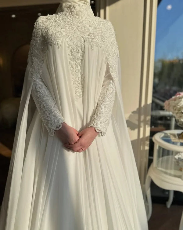Chiffon Caftan With Cape And Lace Appliques Long Sleeve A-Line Floor-Length Bridal Gown