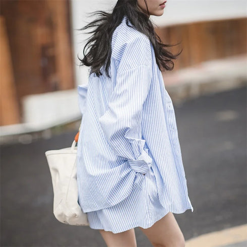 Chic Summer Outfit Inspiration: Casual Women's Striped Shirt and Shorts Set for Effortless Elegance