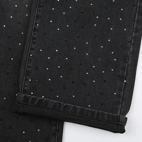 Stylish Casual Straight Leg Jeans for Women with Rhinestone Details - Perfect for Fall Outfits and Everyday Wear