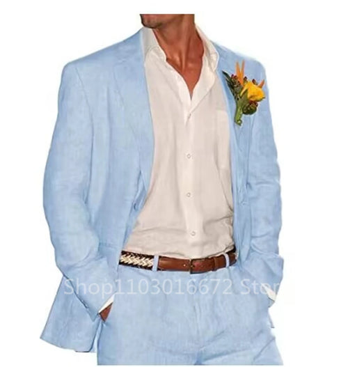 Linen Men Suits 2 Piece Groom Tuxedos Slim Fit Blazer Pants Sets for Wedding Prom