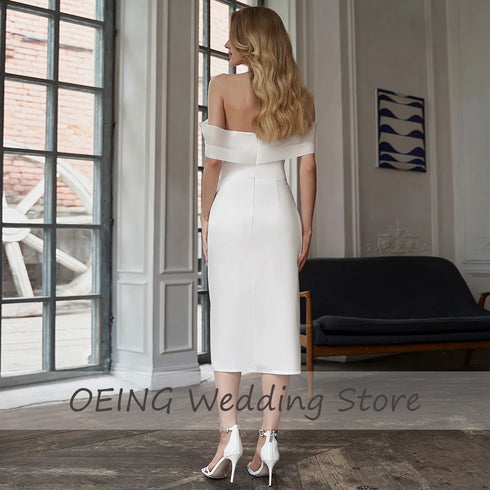 Off-Shoulder Tea-Length Wedding Dress With Sweetheart Neckline Side Slit Sheath Silhouette