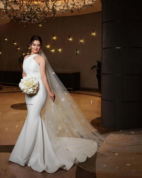 Elegant Halter Thick Satin Mermaid Wedding Dresses Sweep Train Custom Made