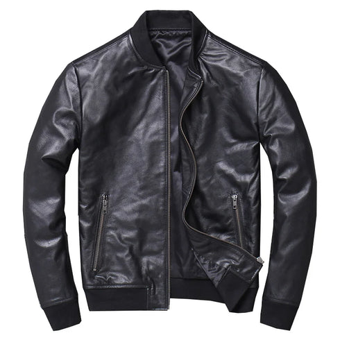 Stylish Casual Men's Bomber Jacket in Genuine Cowhide Leather - Perfect Spring and Autumn Outerwear with Full Sleeves and Zipper Closure