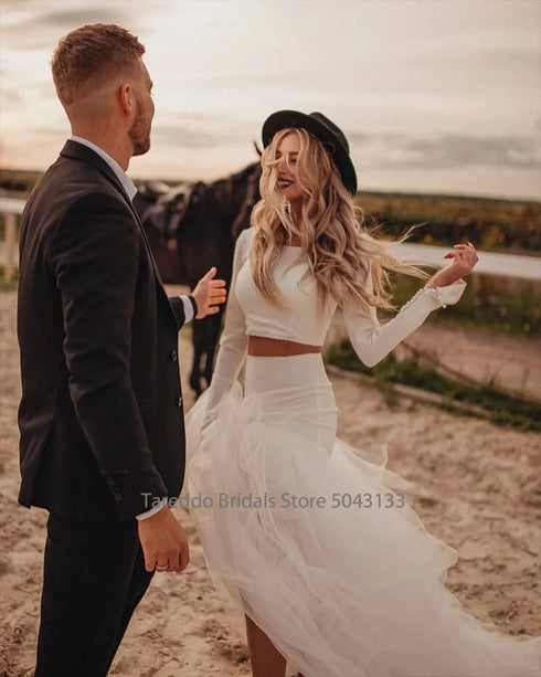Customized Two-Piece Bohemian Jersey Wedding Dress Casual Bridal Dress