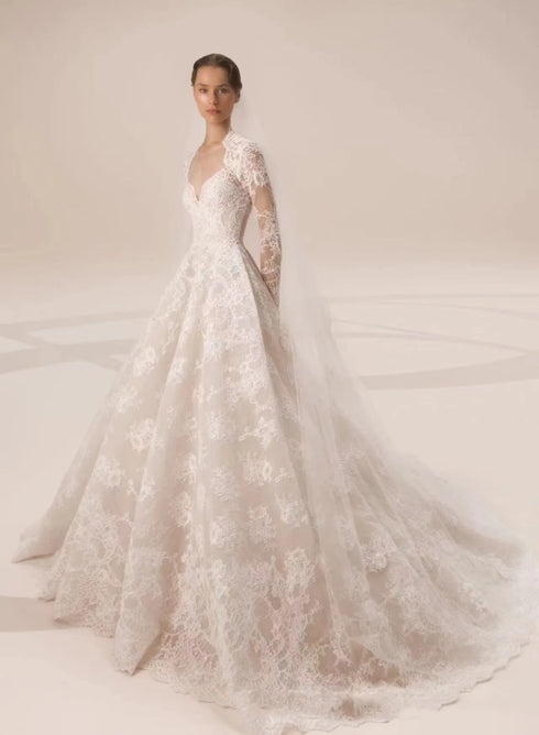 Backless Lace Wedding Dress A-Line Long Sleeve With Ruched Train Custom Made Bridal Gown