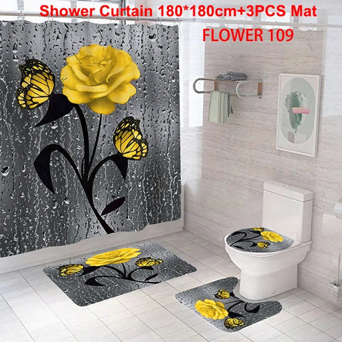 Red Rose and Butterfly Bathroom Mat and Shower Curtain Set Waterproof Eco-Friendly Design