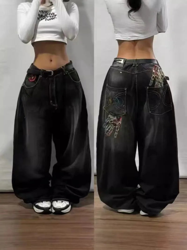 Y2K Oversized Skull Print Baggy Jeans Women Streetwear Vintage Casual High Waist Wide Leg Pants