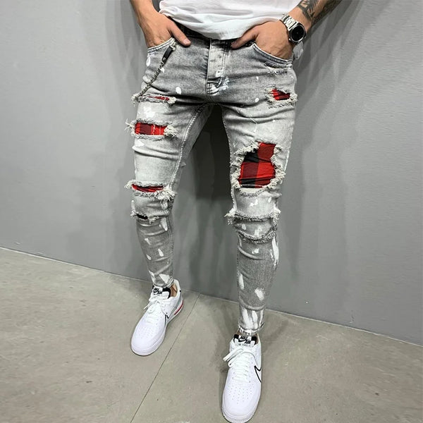 Men's Skinny Ripped Jeans with Grid Hole Patches Slim Fit Denim Trousers