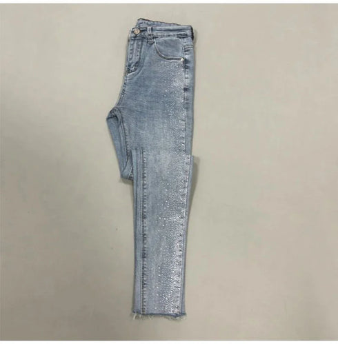 Fashion Rhinestone Jeans Female High Waist Slim Pencil Pants