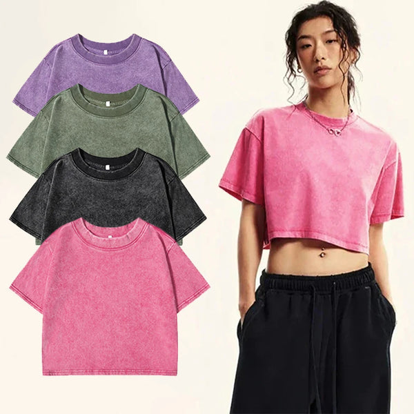 Slim Washed Cotton T-Shirt Women Casual Sport Short Sleeve Retro Tee Shirt