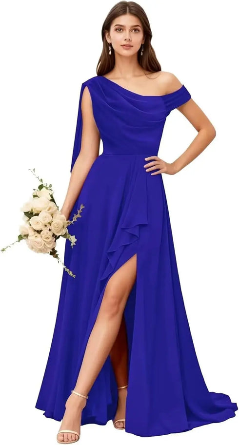 Bridesmaid Dress One Shoulder Chiffon With Pleated Ruffles A-Line Floor-Length Slit Bridal Dress