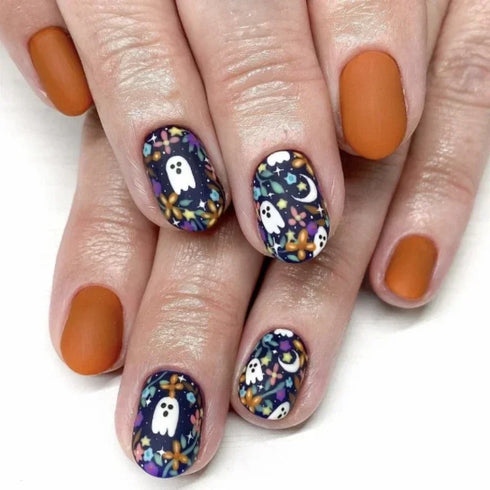 24pcs Halloween-Themed Short Square Press-On Nails with Fun Ghost, Bat, and Spider Web Designs - Perfect Fake Nail Set for Women and Girls