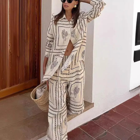 Chic Women's Summer Streetwear Set: Stylish Lapel Long Sleeve Shirt with Wide Leg Trousers for Effortless Fashion Inspo
