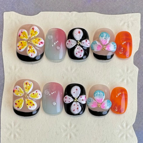 10pcs Artistic Press On Nails Featuring Elegant French Style with Hand Painted 3D Floral Designs - Perfect Summer Short Tips for Parties