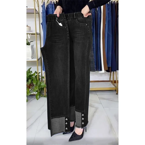 Elastic Waist Jeans For Women High Waist Wide Leg Denim Pants Loose Fit Casual Trousers