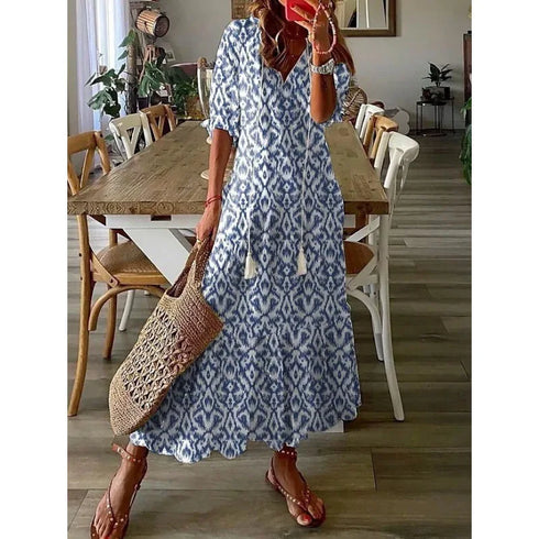 Floral Print Casual Dress for Women V Neck Half Sleeves Bohemian Holiday Beach Style