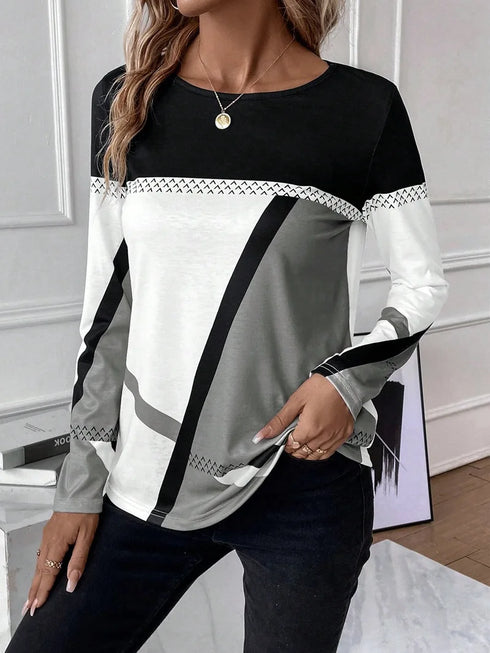 Casual Women's Geometric Print Long Sleeve T-Shirt Loose Fit O-Neck Tee
