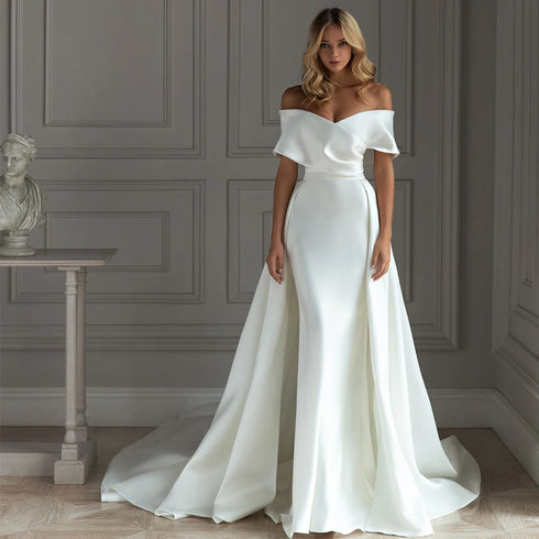 White Detachable Trailing Wedding Dress Mermaid Off the Shoulder Gowns