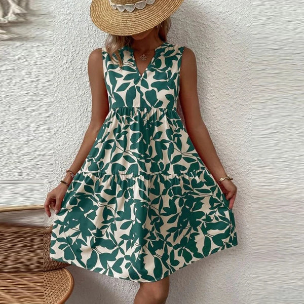 Elegant Summer Dress Women Plant Print V Neck Ruffle Hem Mini Dresses