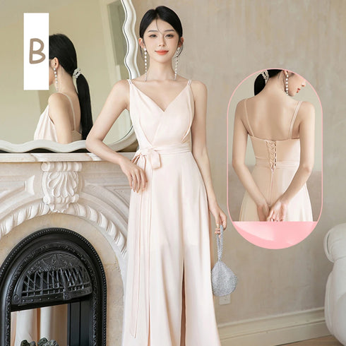 Backless Satin Sleeveless Ankle-Length Evening Dress for Bridesmaid Dress with Built-In Bra and Bow
