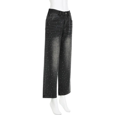 Stylish Casual Straight Leg Jeans for Women with Rhinestone Details - Perfect for Fall Outfits and Everyday Wear
