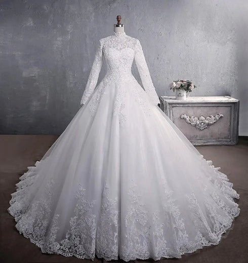 Long Sleeve Wedding Dresses Luxury High-neck Ball Gown Plus Size